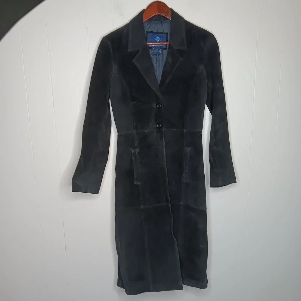 Vtg Y2K Blue Asphalt Trench Coat S Black Suede Whimsigoth Gritty Retro Edge